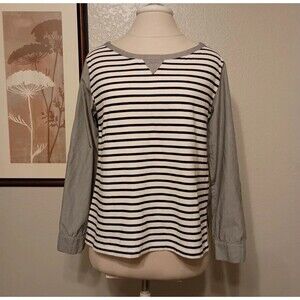 Postmark Anthropologie Size S Striped Mixed Media Top Black White Gray Roll Tab